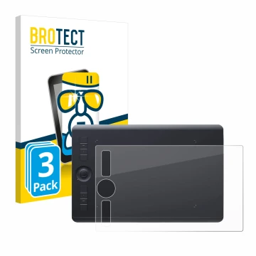 Front side of a product packaging with the brand logo BROTECT. Next to it is the device Wacom Intuos Pro M (2017) shown with t