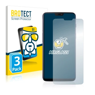 Front side of a product packaging with the brand logo BROTECT. Next to it is the device OnePlus 6 shown with the corresponding