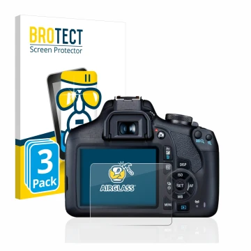Front side of a product packaging with the brand logo BROTECT. Next to it is the device Canon EOS 2000D shown with the corresp