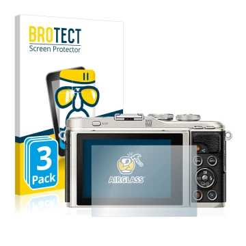 Front side of a product packaging with the brand logo BROTECT. Next to it is the device Olympus PEN E-PL9 shown with the corre