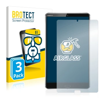 Front side of a product packaging with the brand logo BROTECT. Next to it is the device Huawei MediaPad M5 8.4 shown with the 