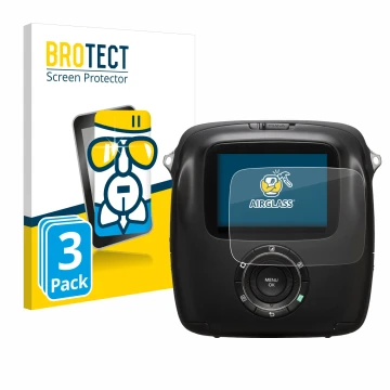 Front side of a product packaging with the brand logo BROTECT. Next to it is the device Fujifilm Instax Square SQ10 shown with