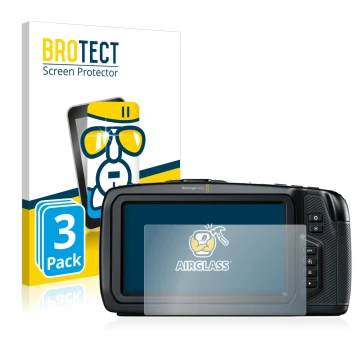 Front side of a product packaging with the brand logo BROTECT. Next to it is the device Blackmagic Pocket Cinema Camera 4K sho
