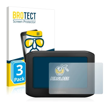 Front side of a product packaging with the brand logo BROTECT. Next to it is the device Garmin zumo 396 LMT-S shown with the c