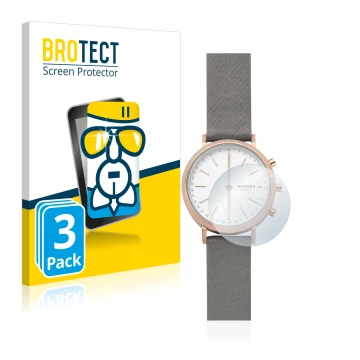 Front side of a product packaging with the brand logo BROTECT. Next to it is the device Skagen Hybrid Smartwatch Mini Hald (34