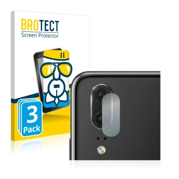 Front side of a product packaging with the brand logo BROTECT. Next to it is the device Huawei P20 (ONLY Camera Lens) shown wi