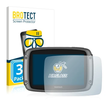 Front side of a product packaging with the brand logo BROTECT. Next to it is the device TomTom Rider 500 shown with the corres