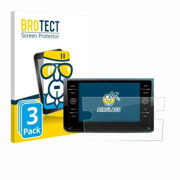 Front side of a product packaging with the brand logo BROTECT. Next to it is the device Volkswagen Polo 2018 Composition Media