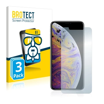 Front side of a product packaging with the brand logo BROTECT. Next to it is the device Apple iPhone Xs Max shown with the cor