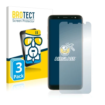 Front side of a product packaging with the brand logo BROTECT. Next to it is the device Samsung Galaxy J6 2018 shown with the 