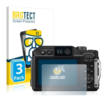 Front side of a product packaging with the brand logo BROTECT. Next to it is the device Panasonic Lumix DC-FT7 shown with the 