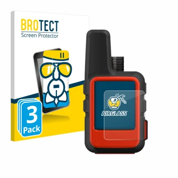 Front side of a product packaging with the brand logo BROTECT. Next to it is the device Garmin inReach Mini shown with the cor