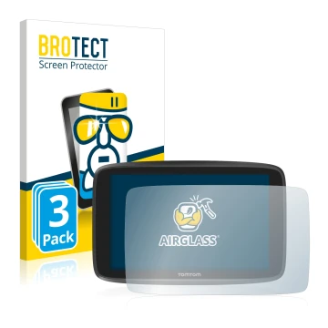 Front side of a product packaging with the brand logo BROTECT. Next to it is the device TomTom GO Camper shown with the corres