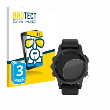 Front side of a product packaging with the brand logo BROTECT. Next to it is the device Garmin Fenix 5S Plus (42 mm) shown wit
