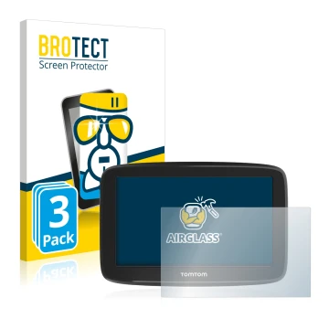 Front side of a product packaging with the brand logo BROTECT. Next to it is the device TomTom GO Basic (6