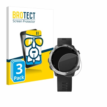 Front side of a product packaging with the brand logo BROTECT. Next to it is the device Garmin Forerunner 645 Music shown with