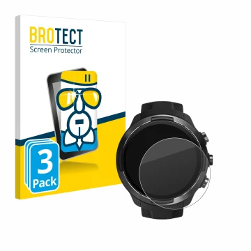 Front side of a product packaging with the brand logo BROTECT. Next to it is the device Suunto 9 shown with the corresponding 