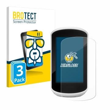 Front side of a product packaging with the brand logo BROTECT. Next to it is the device Garmin Edge Explore 2018 shown with th