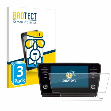 Front side of a product packaging with the brand logo BROTECT. Next to it is the device Skoda Amundsen Superb 2018 Infotainmen