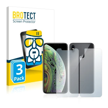 Front side of a product packaging with the brand logo BROTECT. Next to it is the device Apple iPhone Xs (Front+Back) shown wit