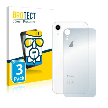 Front side of a product packaging with the brand logo BROTECT. Next to it is the device Apple iPhone XR (Back) shown with the 