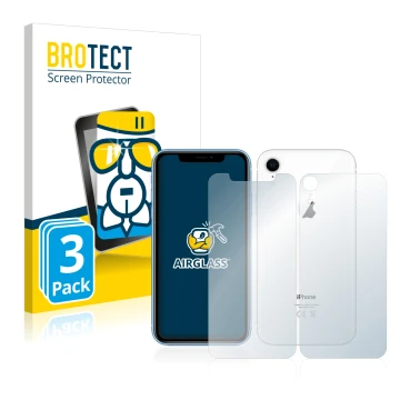 Front side of a product packaging with the brand logo BROTECT. Next to it is the device Apple iPhone XR (Front+Back) shown wit