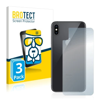 Front side of a product packaging with the brand logo BROTECT. Next to it is the device Apple iPhone Xs Max (Back) shown with 