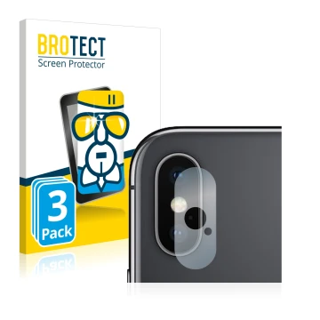 Front side of a product packaging with the brand logo BROTECT. Next to it is the device Apple iPhone Xs Max (ONLY Camera Lens)