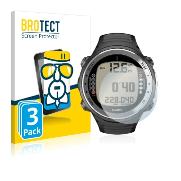 Front side of a product packaging with the brand logo BROTECT. Next to it is the device Suunto D4I shown with the correspondin