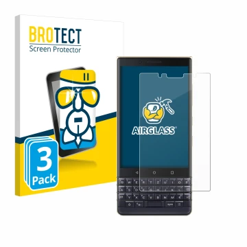 Front side of a product packaging with the brand logo BROTECT. Next to it is the device BlackBerry Key2 LE shown with the corr
