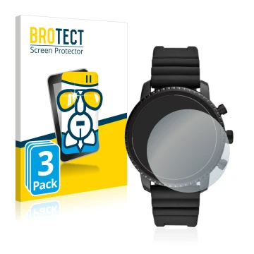 Front side of a product packaging with the brand logo BROTECT. Next to it is the device Fossil Q Explorist HR (4.Gen) shown wi