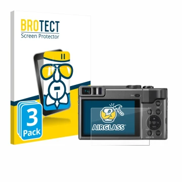 Front side of a product packaging with the brand logo BROTECT. Next to it is the device Panasonic Lumix DC-TZ90 shown with the