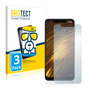 Front side of a product packaging with the brand logo BROTECT. Next to it is the device Xiaomi Pocophone F1 shown with the cor