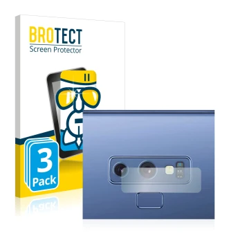 Front side of a product packaging with the brand logo BROTECT. Next to it is the device Samsung Galaxy Note 9 (ONLY Camera Len