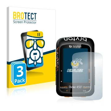 Front side of a product packaging with the brand logo BROTECT. Next to it is the device Bryton Rider 450 shown with the corres