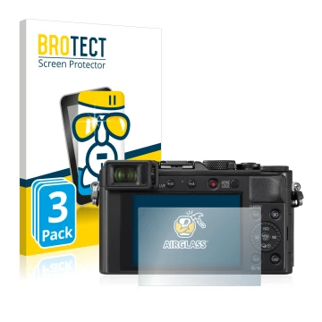 Front side of a product packaging with the brand logo BROTECT. Next to it is the device Panasonic Lumix DC-LX100 II shown with
