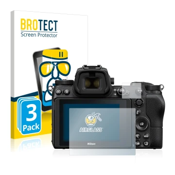 Front side of a product packaging with the brand logo BROTECT. Next to it is the device Nikon Z 6 shown with the corresponding