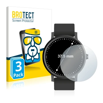 Front side of a product packaging with the brand logo BROTECT. Next to it is the device Watches (Circular, ø: 37.5 mm) shown w