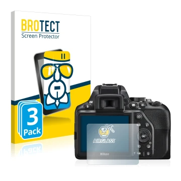 Front side of a product packaging with the brand logo BROTECT. Next to it is the device Nikon D3500 shown with the correspondi