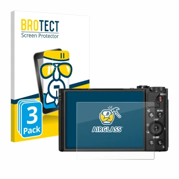 Front side of a product packaging with the brand logo BROTECT. Next to it is the device Sony Cyber-Shot DSC-HX99 shown with th