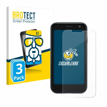 Front side of a product packaging with the brand logo BROTECT. Next to it is the device Palm Mini Smartphone shown with the co