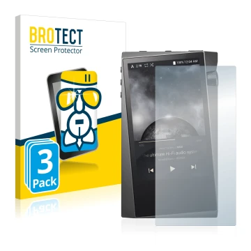 Front side of a product packaging with the brand logo BROTECT. Next to it is the device Astell&Kern A&norma SR15 shown with th
