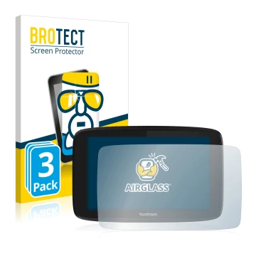 Front side of a product packaging with the brand logo BROTECT. Next to it is the device TomTom GO Essential 6