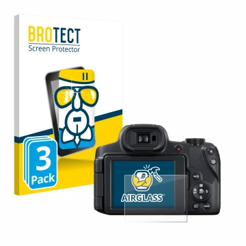 Front side of a product packaging with the brand logo BROTECT. Next to it is the device Canon PowerShot SX70 HS shown with the