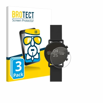 Front side of a product packaging with the brand logo BROTECT. Next to it is the device Skagen Smartwatch Falster 2 shown with