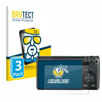 Front side of a product packaging with the brand logo BROTECT. Next to it is the device Ricoh GR III 2019 R02010 shown with th