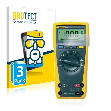 Front side of a product packaging with the brand logo BROTECT. Next to it is the device Fluke MultiMeter 175 shown with the co