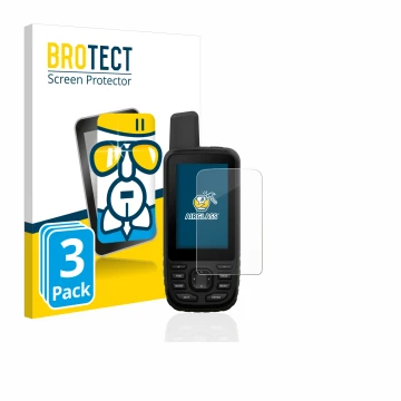Front side of a product packaging with the brand logo BROTECT. Next to it is the device Garmin GPSMAP 66s shown with the corre