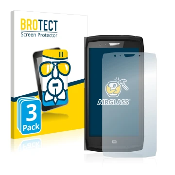 Front side of a product packaging with the brand logo BROTECT. Next to it is the device Crosscall Trekker X4 shown with the co