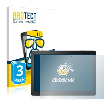 Front side of a product packaging with the brand logo BROTECT. Next to it is the device Lenovo Tab P10 (10,1